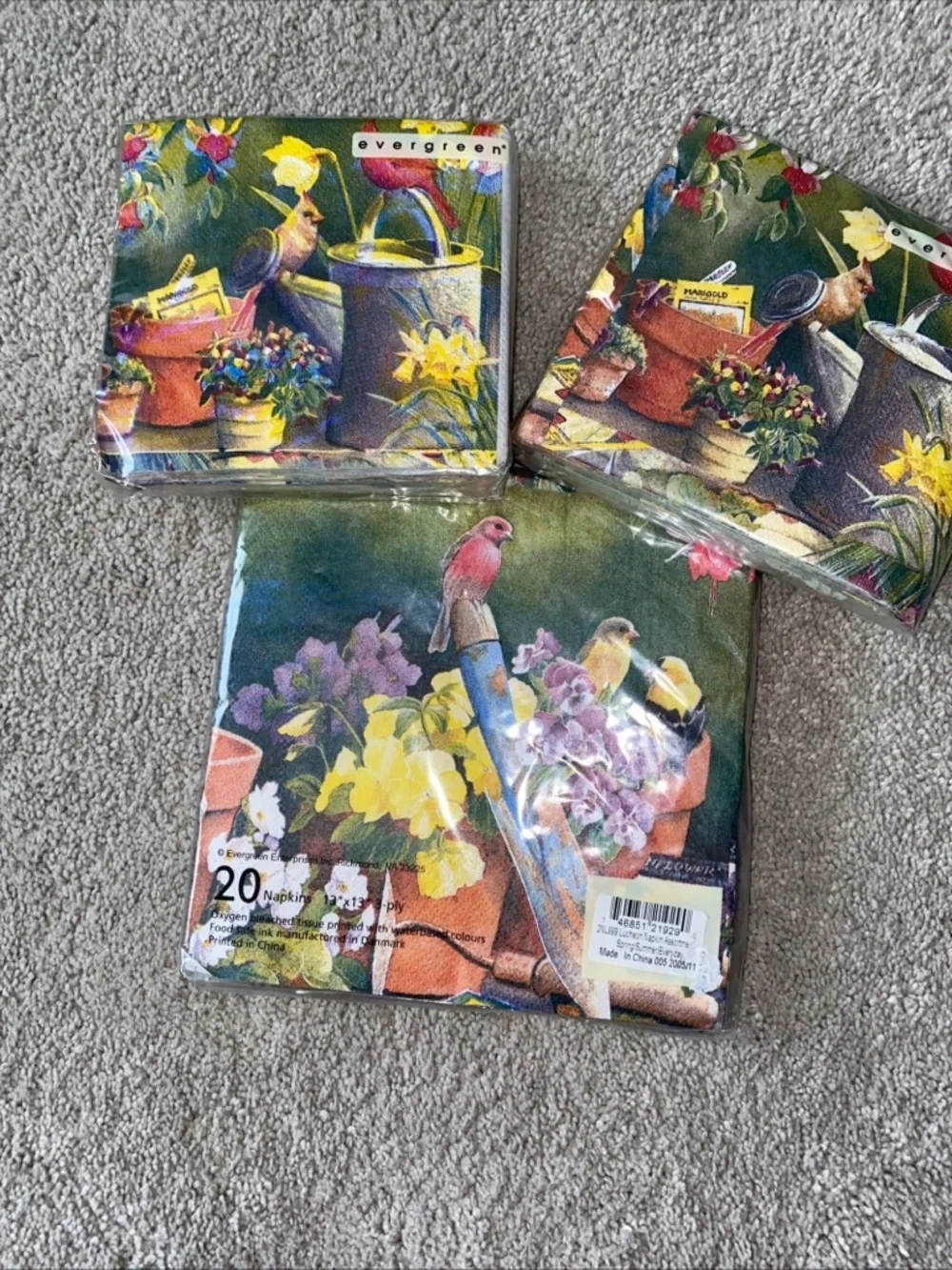 VTG Evergreen Gardening Birds Cocktail & Luncheon Napkins Set New Deadstock‎